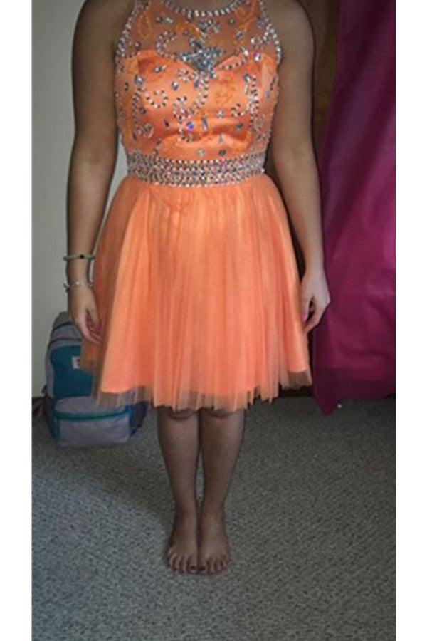 Orange Handmade Tulle Beading Close Back A-line Homecoming Dress K471