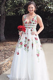 A Line V Neck Flower Appliques Prom Dress, Long Evening Dresses N1482