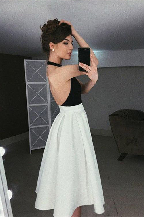 Simple A-Line Halter Backless Tea-Length Ivory and Black Homecoming Dress OKC45