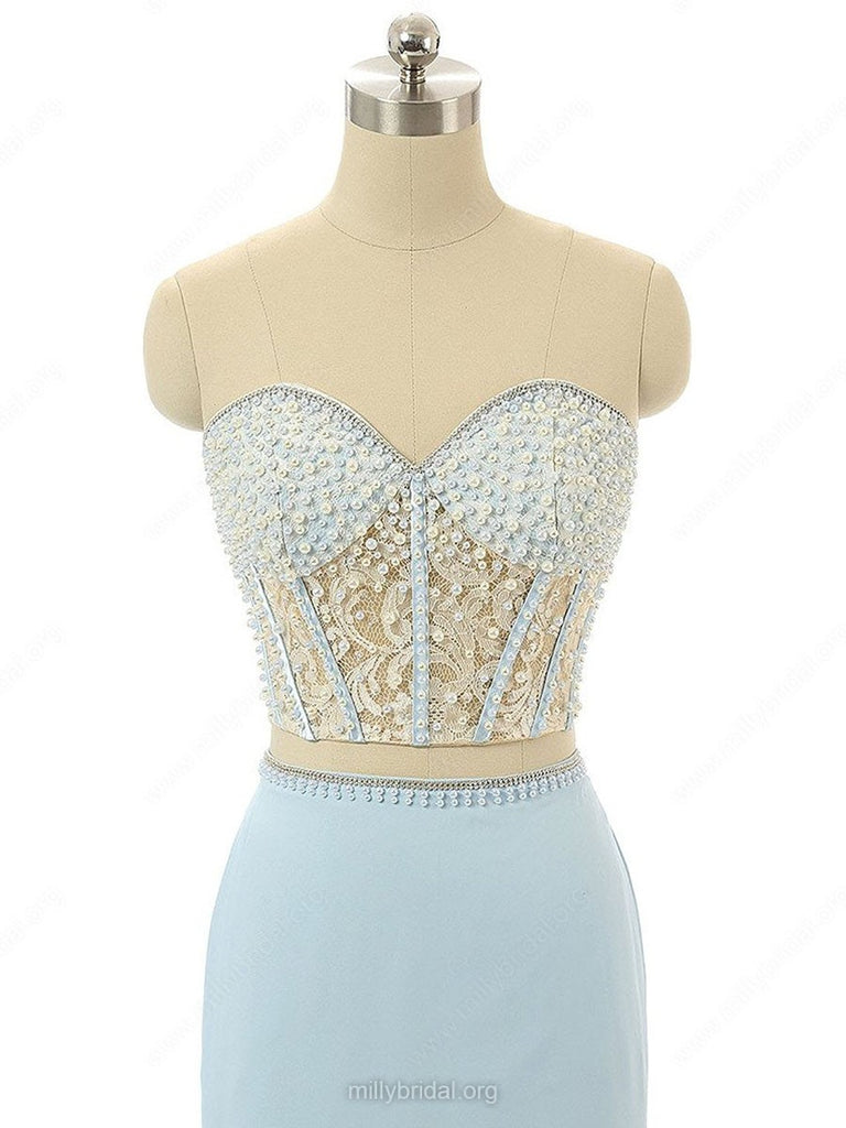 Elegant Mermaid Sweetheart Chiffon Sweep Train Split Front Light Sky Blue Prom Dress OK621