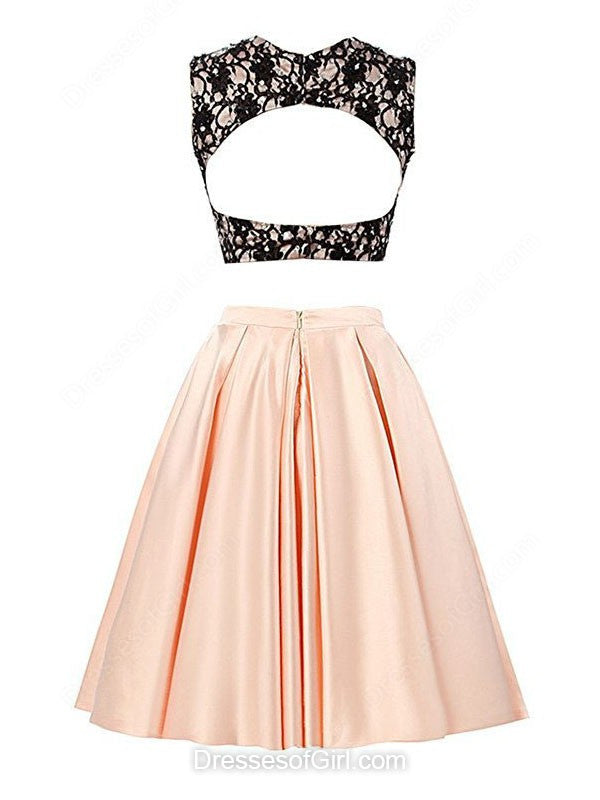 Two Pieces A-line Black Lace Satin Short/Mini Open Back Homecoming Dress OK229