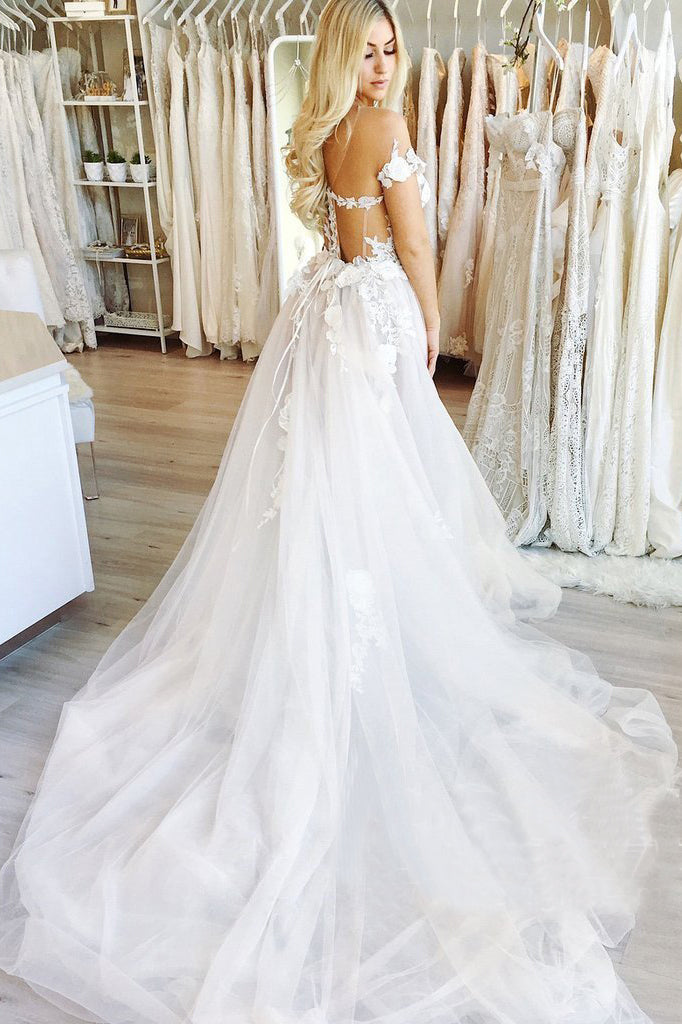 Off-The-Shoulder Appliqued Lace Long Tulle A-line Wedding Gowns OKU84