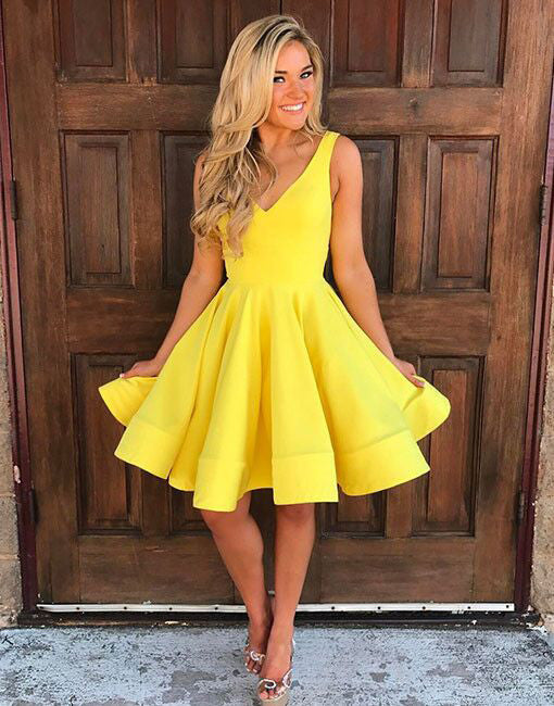 Cute V Neck Yellow Sleeveless A Line Short Homecoming/Prom Dress OK275