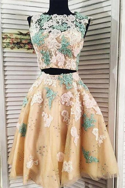 Two Pieces Lace Tulle Long Sleeve Homecoming Dress, Short Prom Gown OKE11