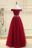 Burgundy A Line Off the Shoulder Beads Long Prom Dresses OKI52