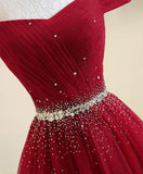 Burgundy A Line Off the Shoulder Beads Long Prom Dresses OKI52