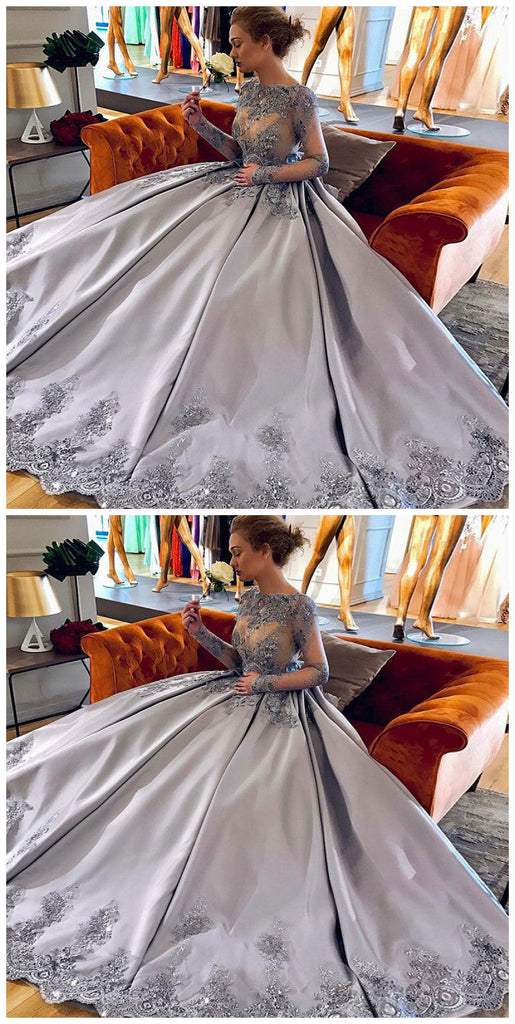 Elegant A Line Bateau Long Sleeves Grey Satin Prom Dresses with Appliques OKF55