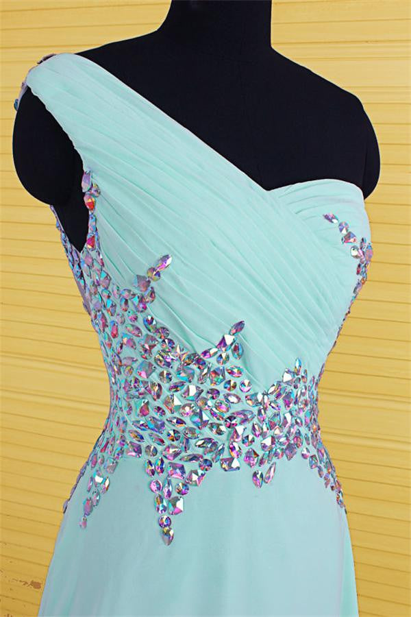 One Shoulder Light Sky Blue Long Beaded Chiffon Prom Dress OK10