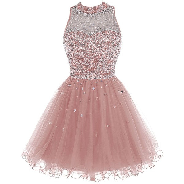 Pink A-line Short Tulle Beading Homecoming Dress OKZ16