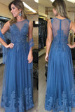 Blue Sleeveless A-line Long Tulle Prom Dress Lace Appliques Women Evening Dress OK1997