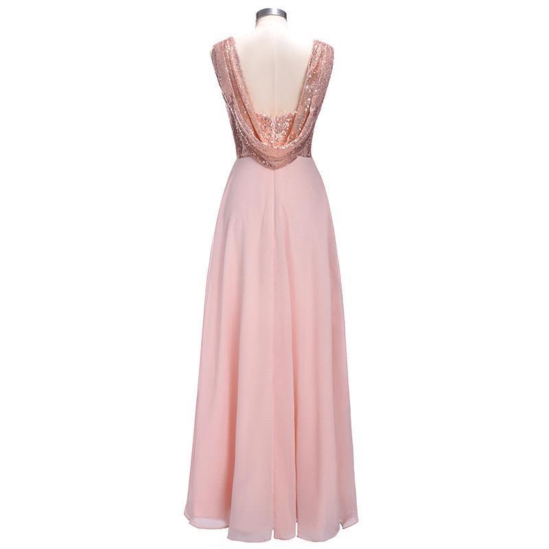 Rose Gold A Line Spaghetti Straps Prom Gowns Backless Sequined Chiffon Bridesmaid Dress OKI10