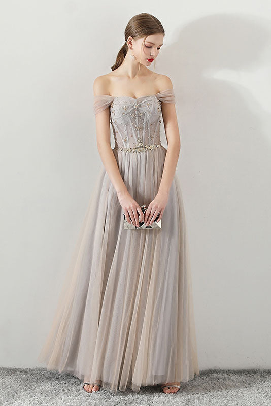 A Line Tulle Long Straps Lace Up Back Beaded Prom Dress,Evening Dress OKG73