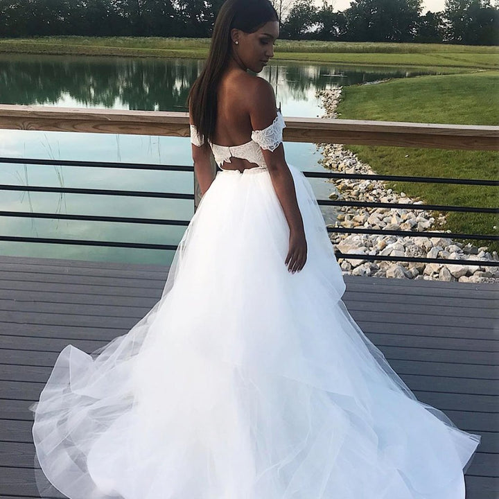 Elegant A Line Tulle Off-the-shoulder Long Wedding Dress Lace Top OK1294