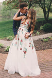 A Line V Neck Flower Appliques Prom Dress, Long Evening Dresses N1482