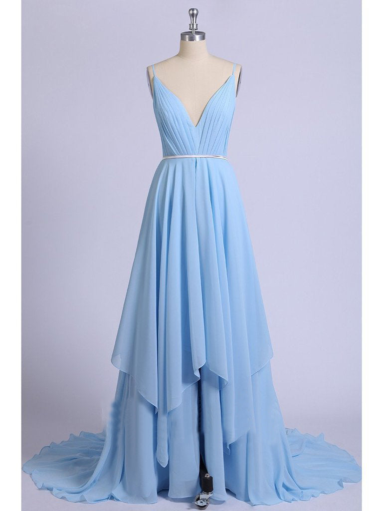 Sexy Split Sky Blue Beach Simple Wedding Dress Chiffon Long Prom Dress