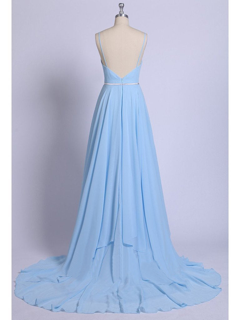 Sexy Split Sky Blue Beach Simple Wedding Dress Chiffon Long Prom Dress
