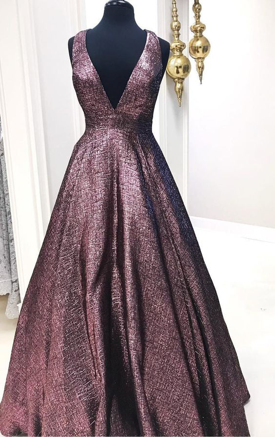 Elegant V Neck A Line Chocolate Long Prom Dresses Ball Gown With Pockets OK948