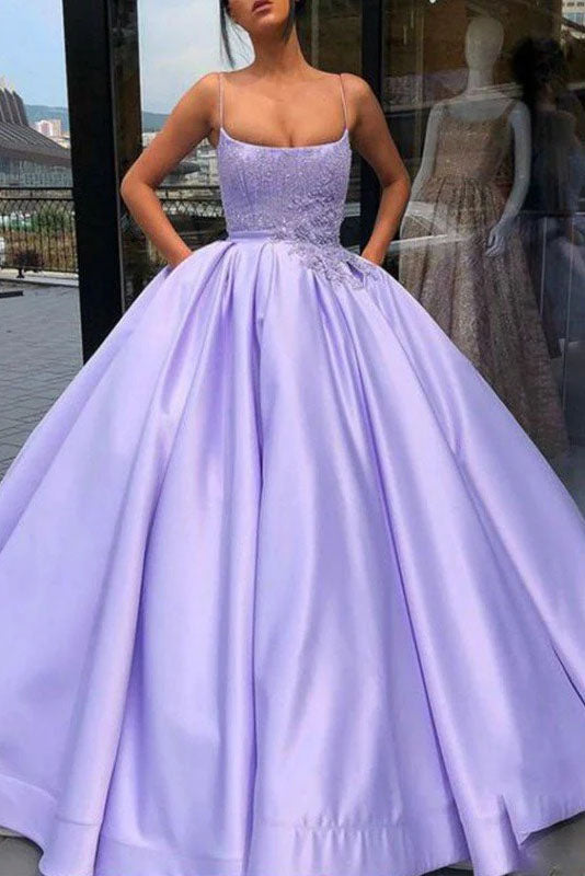 Ball Gown Satin Appliques Spaghetti Straps Sleeveless Floor-Length Prom Dresses OK1781