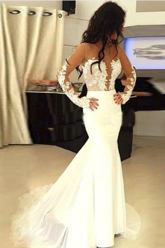 Charming Ivory Mermaid Sheer Neck Long Sleeves Lace Appliques Wedding Dress OKX89