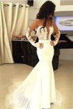 Charming Ivory Mermaid Sheer Neck Long Sleeves Lace Appliques Wedding Dress OKX89