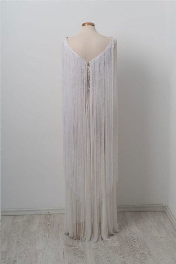 Unique Bateau Floor-length Chic Long Off White Prom Dresses OKG40