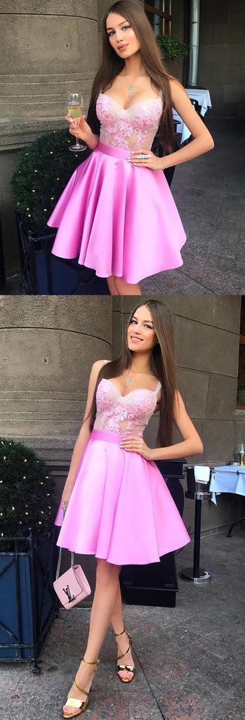 A-Line Spaghetti Straps Pink Satin Homecoming Dresses with Appliques,Cheap Short Prom Dress OKC37