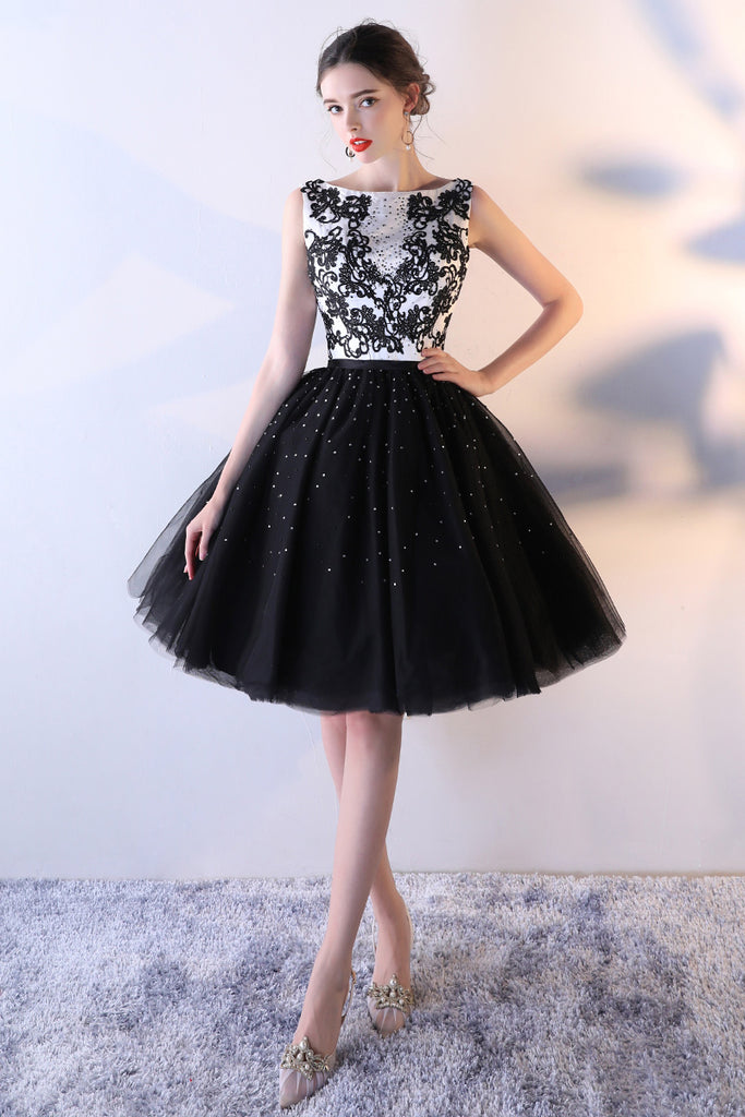 Black Tulle A Line Beading Short Bateau Homecoming Dress With Lace Top OKC7