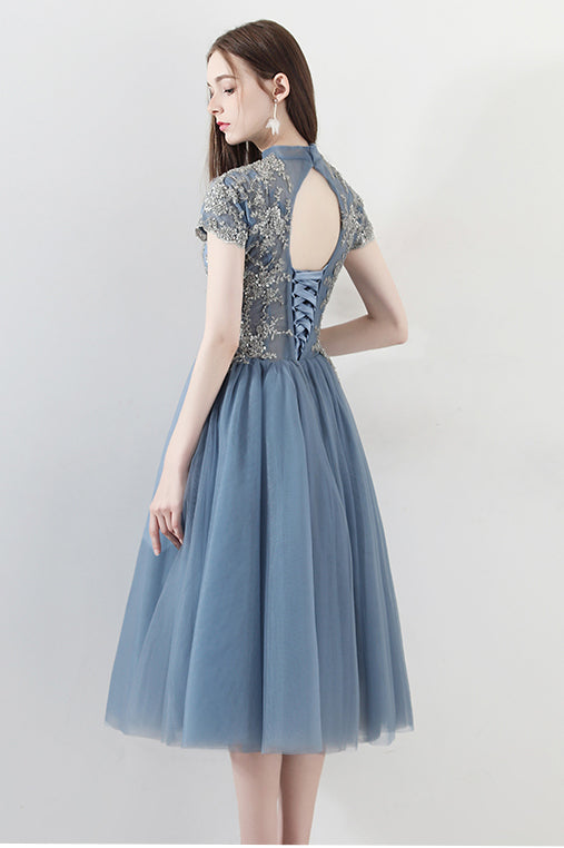 Blue A Line Tulle Short Sleeves High Neck Appliques Homecoming Dress OKC5