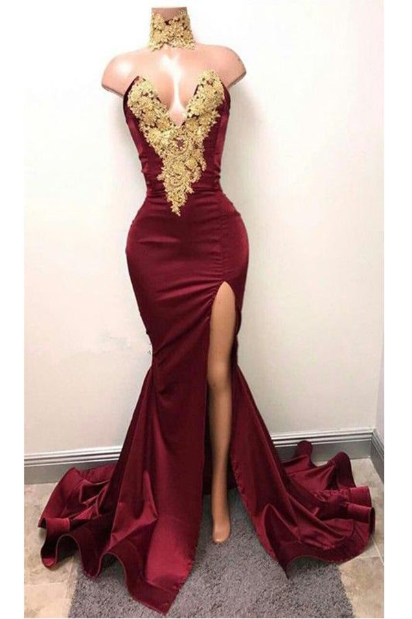 Elegant Burgundy Mermaid Appliques High Neck Split Sexy Prom Dresses OKA83
