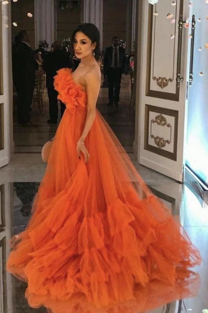 Orange Ruffles Tulle Evening Party Dress Strapless Tiered Long Prom Dress OKW75