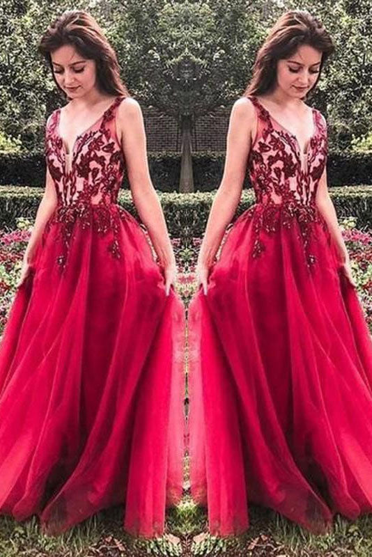 Unique Red V Neck Tulle Appliques Prom Dress, Long Party Gowns OKH15