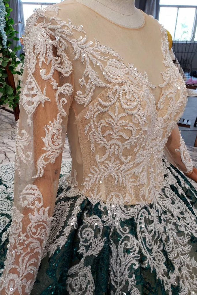 Green Long Sleeves Ball Gown Lace Prom Dresses with Appliques, Long Prom Gown OKP51