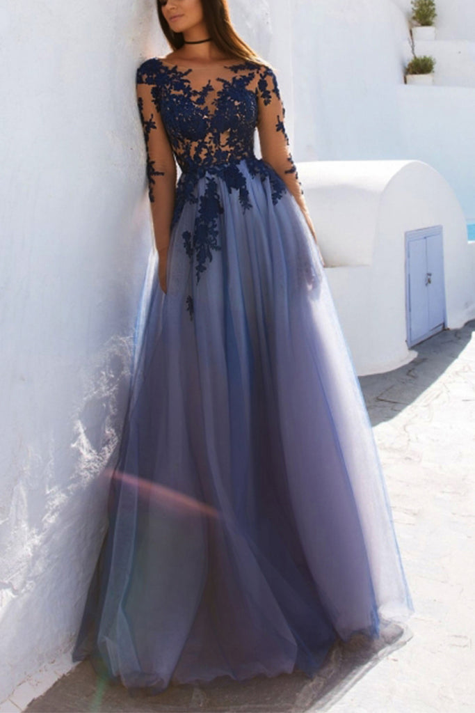 Charming Prom Dress,Long Sleeve Prom Dress,Appliques Prom Dresses,Sexy Prom Dress,See Though Evening Dress,Blue Prom Dresses