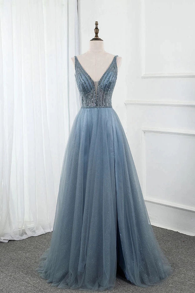 Sweet Blue Long V Neck Tulle Beading Backless Split Formal Prom Gowns OKW65