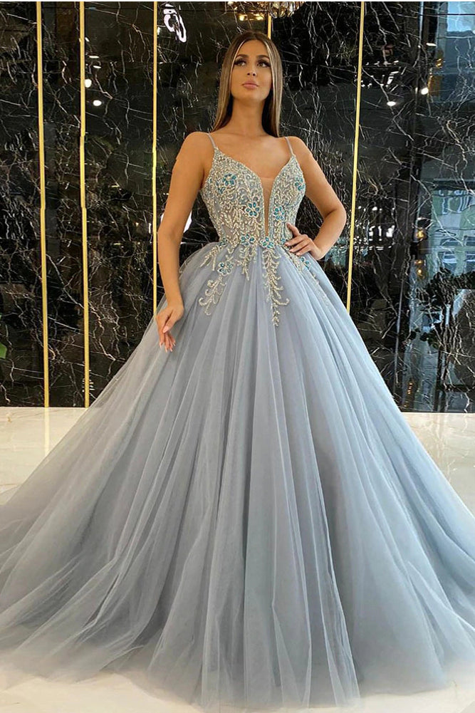 Dusty Blue Ball Gown Prom Dress Long Spaghetti Straps Tulle Crystals Beaded Formal Party Dress OKV97