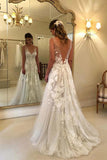 Elegant A line V-neck Tulle Floor Length Wedding Dresses With Lace Appliques OKC94