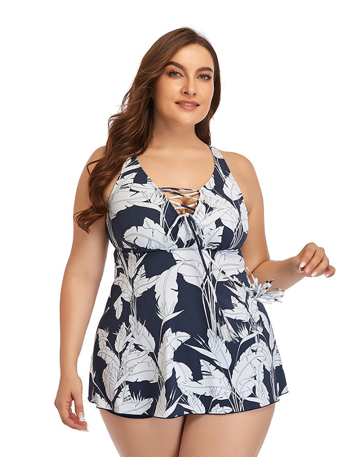 Ocevara V-neck Printed Plus Size Swimdress with Boxer Swimming Trunks - image 1