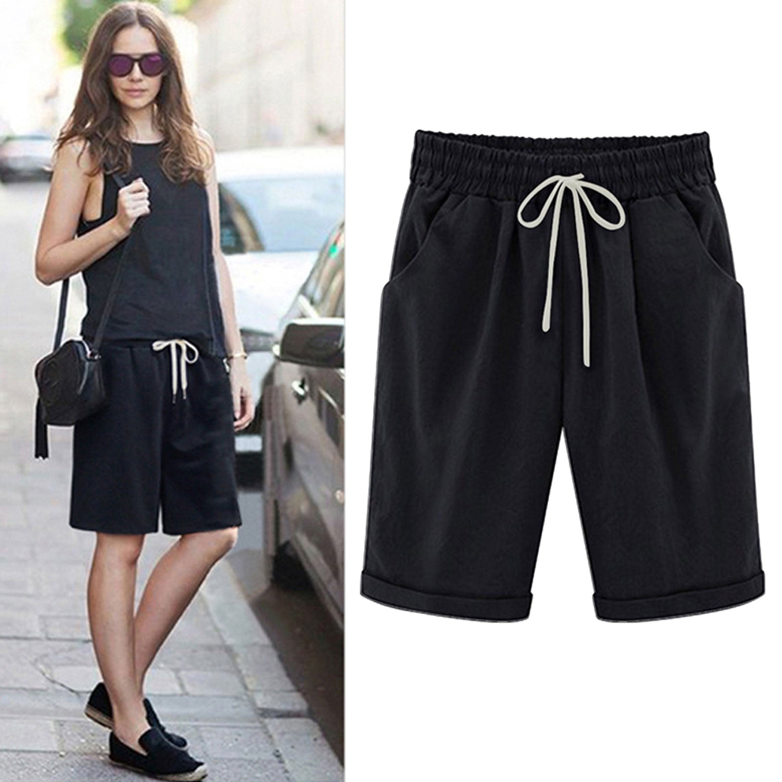 Ocevara Ocevara - Women's Elastic Waist Knee Length Casual Cotton Bermuda Shorts with Drawstring - image 4