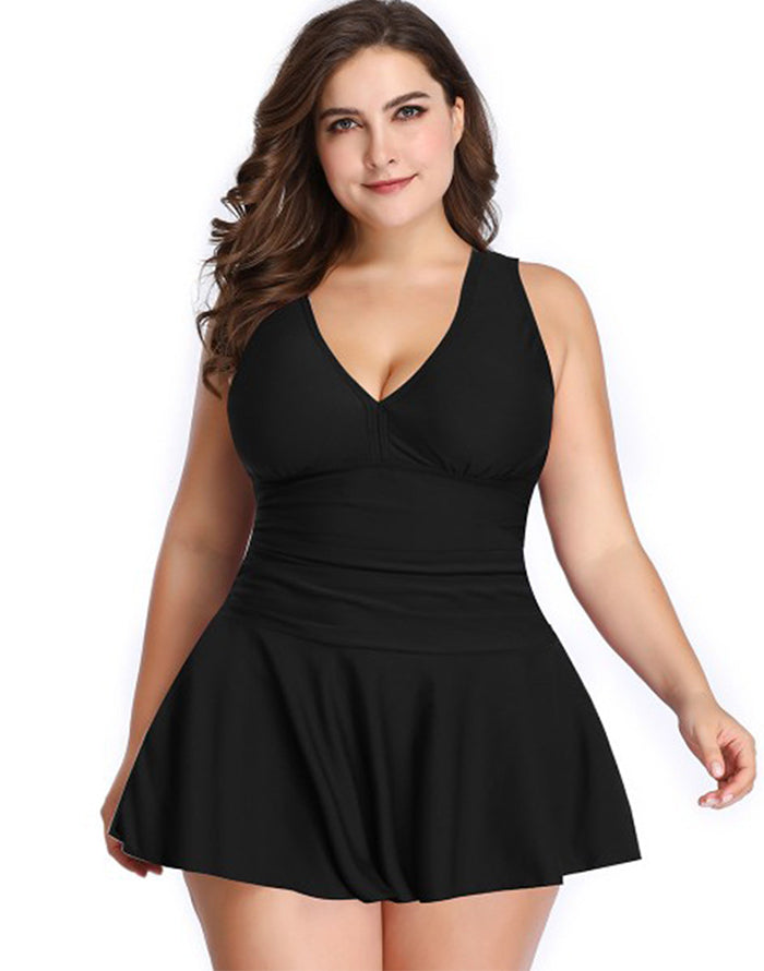 Ocevara - Black V-Neck Skirt One Piece Swimdress Main image