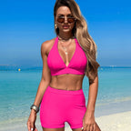 Women's Bikini Sets Trim 2 Piece High Waisted Swimsuit Halter V Neck Adjustable Drawstring Straps Bathing Suit with Boyshort