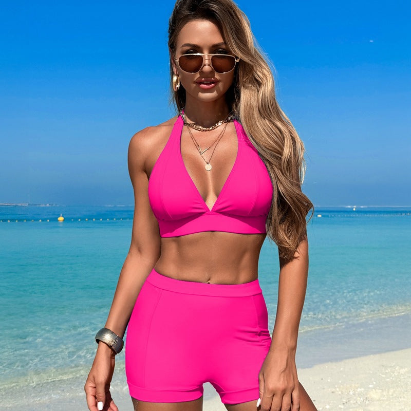 Women's Bikini Sets Trim 2 Piece High Waisted Swimsuit Halter V Neck Adjustable Drawstring Straps Bathing Suit with Boyshort