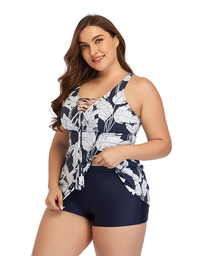 Ocevara V-neck Printed Plus Size Swimdress with Boxer Swimming Trunks - image 4