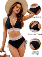 Ocevara - High Waisted Tummy Control Color Block Bikini Sets
