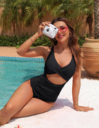 Womens One Piece Swimsuits Push Up Tummy Control Bathing Suits V Neck Cutout Modest Swimwear