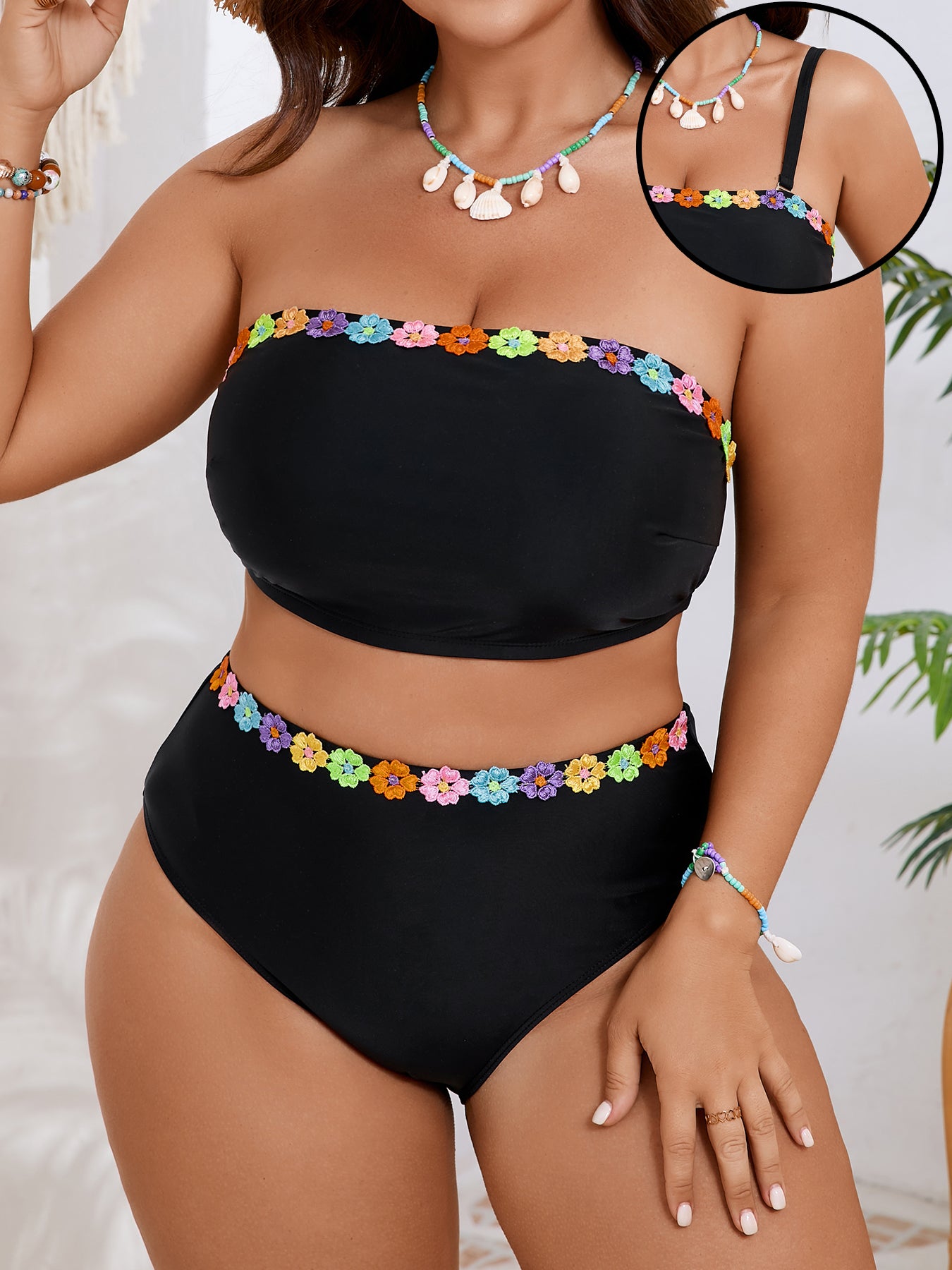 Floral Trim Bandeau Bikini Set