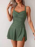 Ocevara - Women's Twisted Ruched Swim Dress Slit Strap Tankini Swimsuit