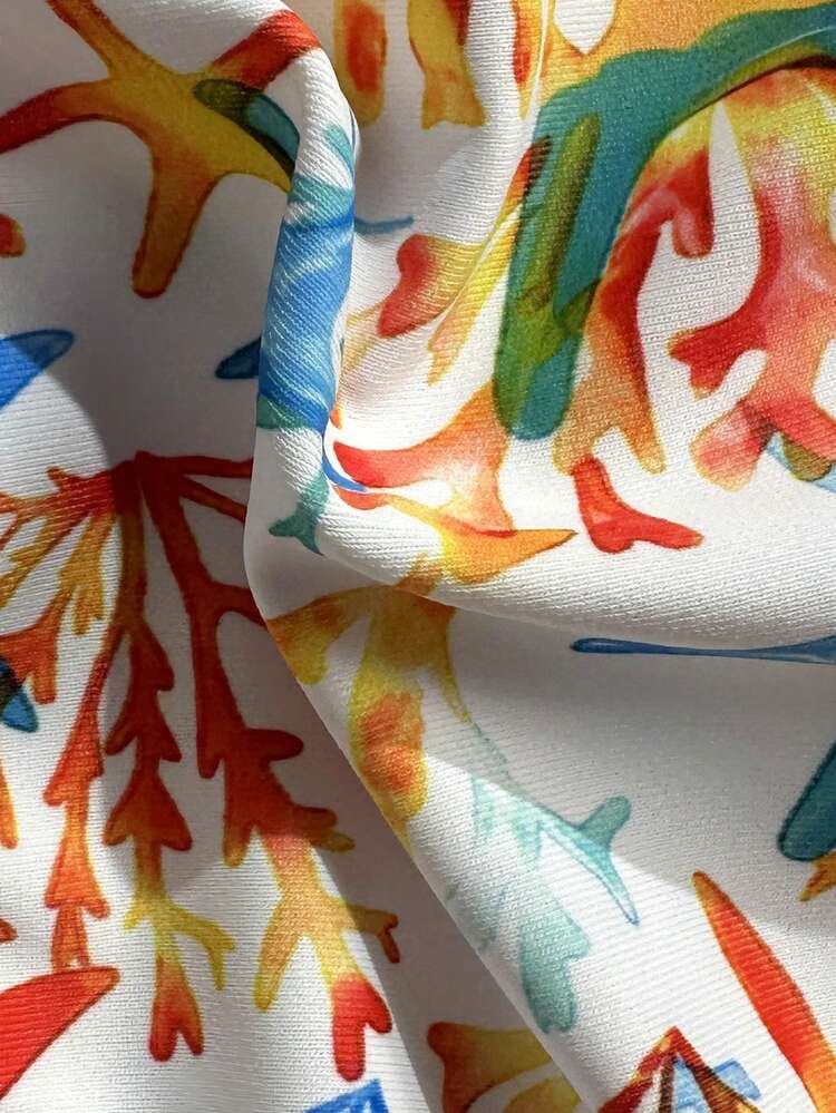 Leaf Print Flounce Halter Tie Front Bikini Set