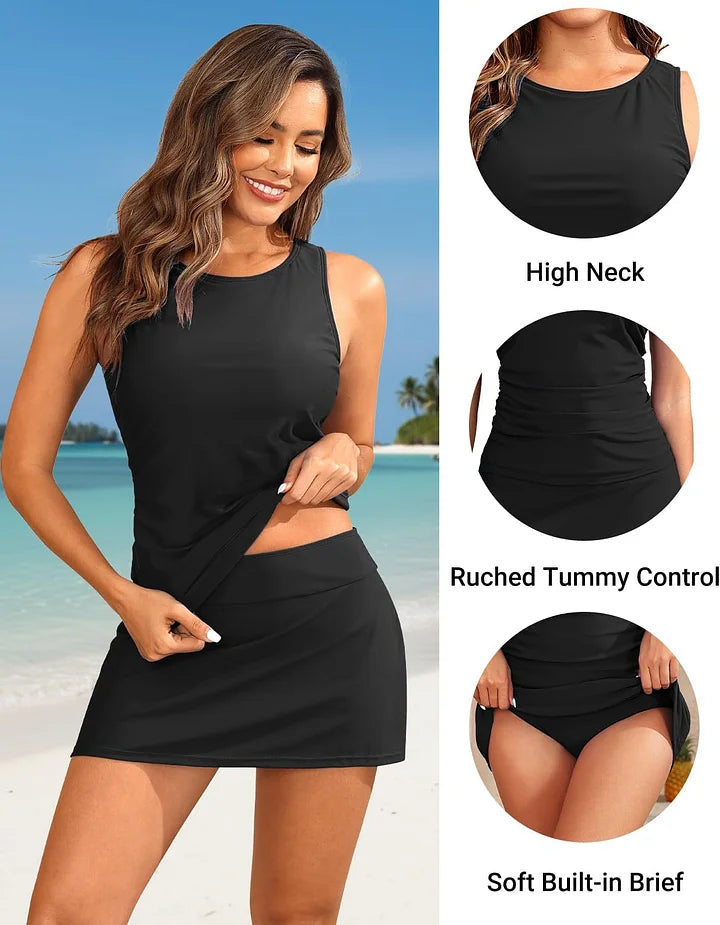 Ocevara Women's Tankini Swimsuits with Skirt - Two Piece Tummy Control Bathing Suits High Neck Swimwear - image 8
