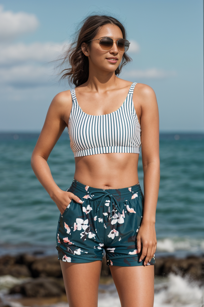 Stripes Square Neck Wide Straps Sporty Bikini Top with Boy Short Set Main image