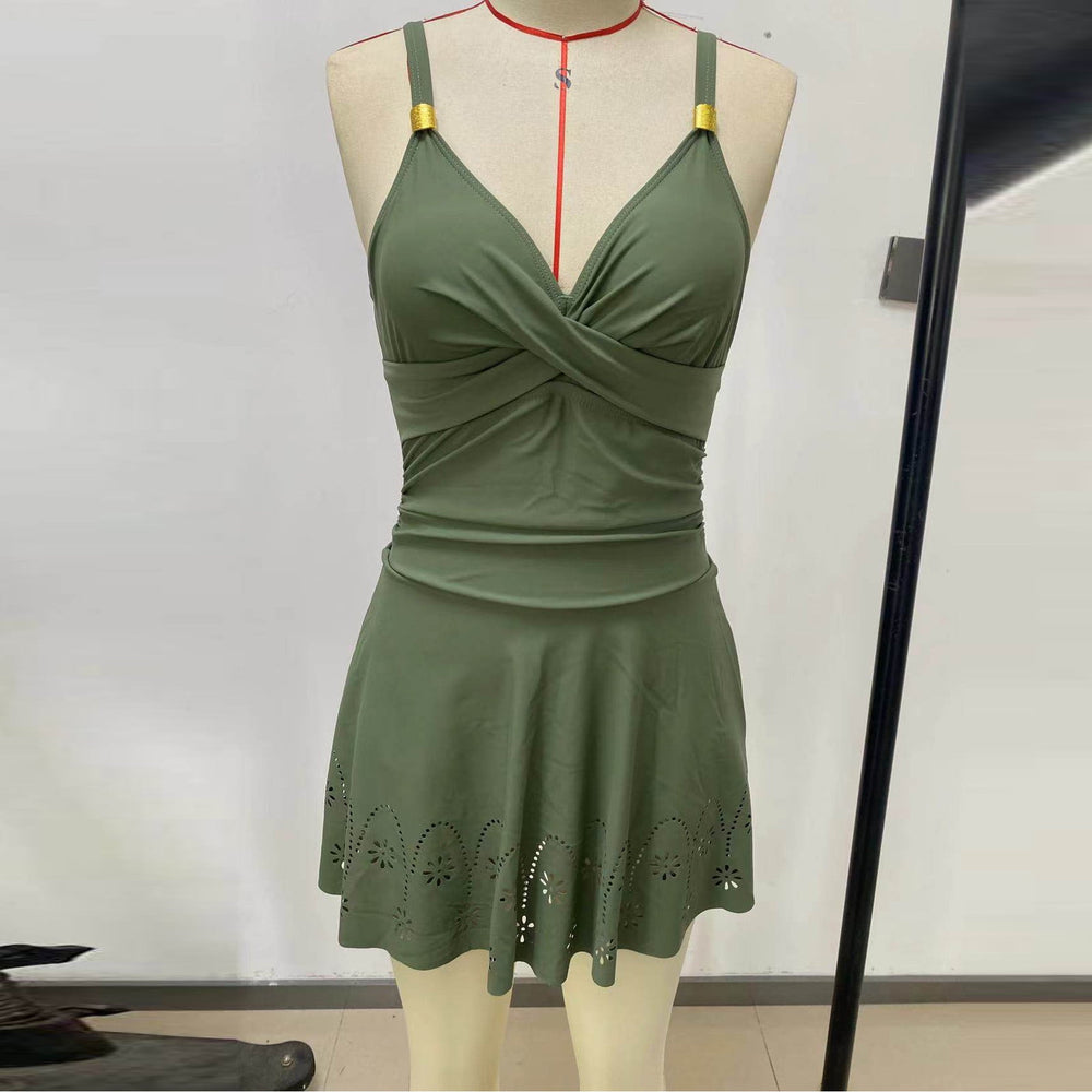 Women's Athletic One Piece Solid Color Swimsuit with Skirted Cover and Cutouts, Modest Yet Sexy for Active Beach Day